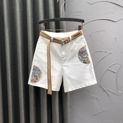 新中式国风白色休闲五分裤女24夏季时尚宽松洋气刺绣直筒牛仔短裤