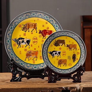 景德镇陶瓷器挂盘装饰盘子 五牛图 中式客厅玄关工艺品博古架摆件