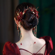 红色发簪结婚新娘敬酒服晚礼服头饰高级新中式秀禾服发饰对夹饰品