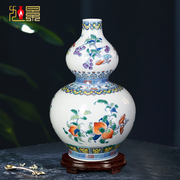 景德镇陶瓷青花瓷花瓶手绘斗彩三多，纹葫芦瓶客厅，复古中式家居摆件