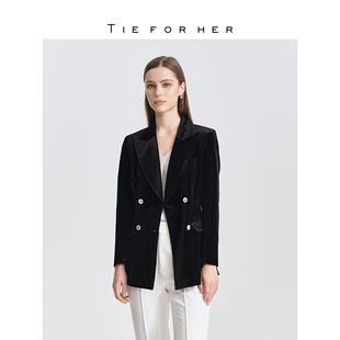 TieForHer OL系列 黑色丝绒双排贝壳扣西装上衣通勤商务外套女