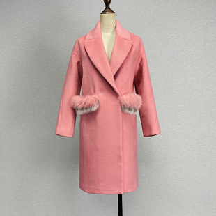 品牌折扣中长款粉红色羊毛呢大衣女，欧美风西装领双排扣秋冬外套潮