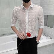 英伦夜店薄款蕾丝条纹衬衫，男七分中袖韩版修身镂空透明提花衬衣潮