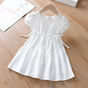 女童白色连衣裙夏装中大童纯色，提花方领公主裙，2023中大童白裙