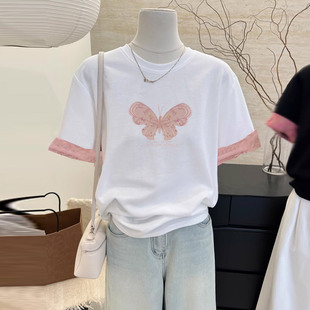设计感蝴蝶新中式短袖t恤女2024夏甜美拼接袖口国风白色上衣