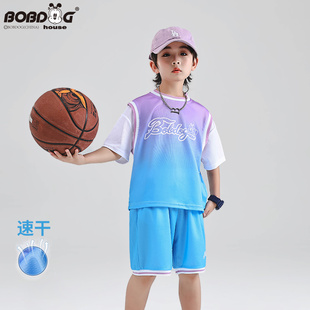 巴布豆女童运动套装2023夏装篮球服短袖短裤两件套童装儿童