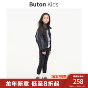 Buton Kids女童美式机车风加绒pu皮衣冬季立领短款黑色外套