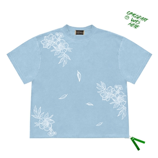 古风Short Sleeve Tee手绘线条画插画花卉图案小众高级感短袖上衣