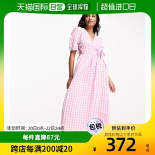 香港直邮潮奢 monki 女士Monki 绉条纹裹式粉色白色方格棉布中长