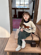 女童韩版卡通小马毛衣，2023冬季儿童宝宝绵羊绒木马针织衫加厚