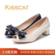 KISSCAT接吻猫2023粗跟鱼嘴蝴蝶结漆皮女单鞋KA43108-10