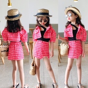 女童时尚套装夏季韩版洋气，粉色包臀裙两件套牛仔短款小外套潮