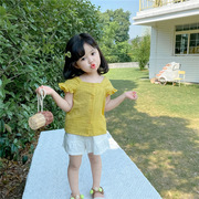 2024夏季韩版童装女童小清新娃娃方领飞袖，衬衫洋气短袖短裤