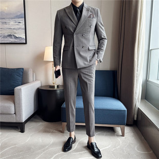 新郎结婚西服套装男高级感双排扣条纹商务休闲韩版修身西装三件套