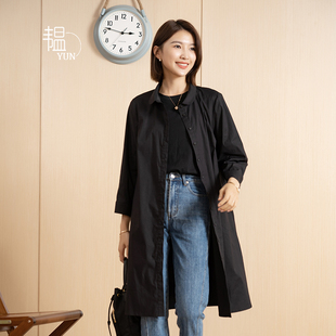 yun韫2024春季女风衣圆领中长款通勤七分袖，纯色衬衫外套