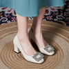 法式伴娘鞋日常可穿不累脚小码婚鞋2023方头水钻粗跟单鞋两穿