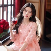 欧根纱拼接蕾丝粉色长袖网纱a字宽松不规则连衣裙子欧美大码女装