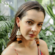 欧美流苏耳环女手工多层彩色，耳坠长款扇形波，西米亚民族风耳饰品