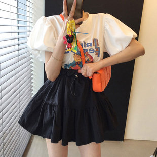 韩国chic夏季俏皮减龄圆领卡通字母，灯笼袖t恤+高腰抽绳蓬蓬半身裙