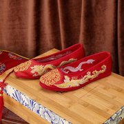 红色秀禾鞋新娘婚鞋中式复古平底千层龙凤女(龙凤女)汉服圆头布鞋软底