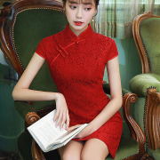 夏季红色蕾丝短款旗袍复古气质中国风新娘红妆敬酒服小个子连衣裙