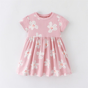 粉红花朵纯棉欧美女童连衣裙夏季圆领儿童可爱短袖t恤裙宝宝裙潮