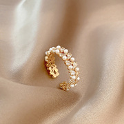 双排珍珠锆石戒指女轻奢小众设计高级感开口戒简约个性时尚指环潮