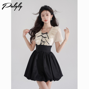 新中式黑色花苞裙夏荷叶，边v领短袖杏色连衣裙，高腰甜美短裙女