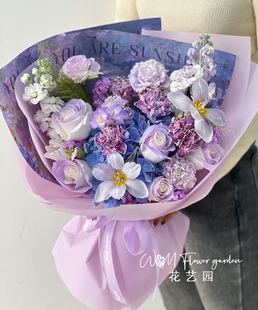 北京鲜花速递9薄雾紫玫瑰，桔梗吸色郁金香，吸色康乃馨紫罗兰绣球
