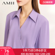 Amii2024初春季衬衫连衣裙女高级感V领长袖雪纺轻熟风