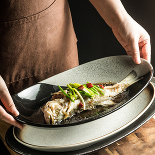 蒸鱼盘椭圆形剁椒鱼头大号陶瓷盘子，家用创意餐厅，平盘菜盘汤盘