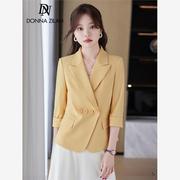 黄色中袖职业西装外套女夏季薄款2024韩版修身西服OL气质上衣