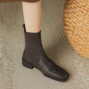 4cm34-40码法式裸靴小短靴瘦瘦靴，棕色马丁靴女中跟弹力袜靴冬