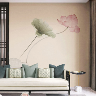 新中式电视背景墙纸荷花国风，客厅沙发壁纸5d墙布，酒店宾馆定制壁画