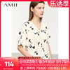 Amii2024夏V领喇叭袖短袖玫瑰印花雪纺衫女高级感法式上衣