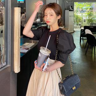 韩国女装2021夏 气质甜美纯色百搭拼接泡泡短袖衬衫纯棉T恤女