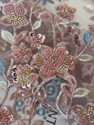 定制N72紫粉色重工立体钉珠亮片植物花朵刺绣网纱蕾丝面料布料旗