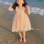 韩版童装女童夏季蓬蓬纱公主裙儿童洋气蝴蝶结裙子宝宝吊带连衣裙