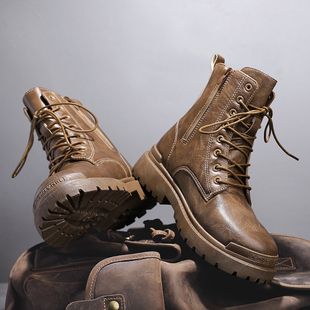 春季棕色马丁靴男款高帮复古英伦风增高厚底皮靴男士机车工装靴子
