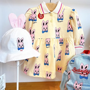 韩国童装ins风婴儿，宝宝女童米黄，polo兔子连衣裙裙子
