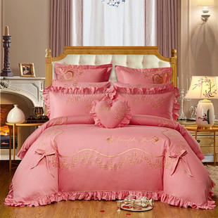 新婚庆四件套大红全棉蕾丝粉色纯棉六八十件套刺绣花结婚床上用品