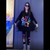 网红款2023夏季重工大码宽松中长流苏V领长袖黑色T恤女