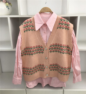 两件套粉色衬衫+v领小花朵无袖毛衣毛针织背心马甲毛线外套宽松女