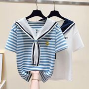女童海军纯棉短袖2023夏季T恤学院风洋气中大童条纹领结上衣