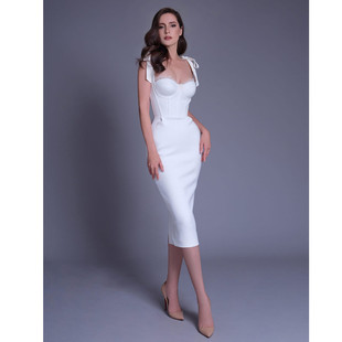 2021年新白色(新白色)吊带，花边聚拢弹力，修身绷带裙中长款优雅聚会婚礼晚装
