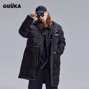 GUUKA黑色长款连帽羽绒服男冬季加厚 麂皮绒拼接机能外套保暖宽松