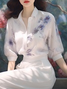 新中式女装中国风蓝色印花短袖，衬衫2024雪纺衫，气质女神范上…