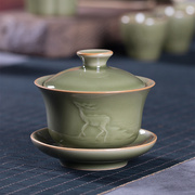 龙泉青瓷三才盖碗茶杯单个大号不烫手工，雕刻家用陶瓷好功夫泡茶碗