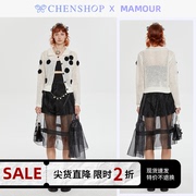 CHENSHOP设计师品牌MAMOUR小花白色镂空款针织开衫半透纱半裙