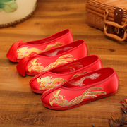 老北京新娘鞋手工绣花婚鞋红色秀禾鞋子上轿千层底中式平底跟布鞋